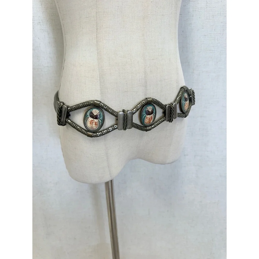 Vintage Egyptian Revival Scarab Beetle Antique Brass Mesh Chain Belt Women SM
